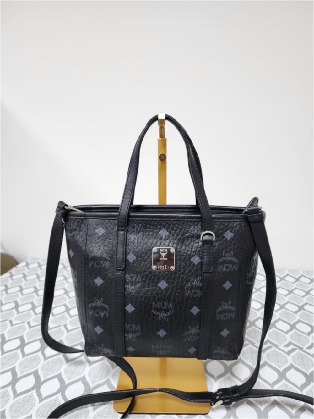 Authentic MCM Visetos Mini Toni Shopper Tote Bag Black/Grey - Picture 11 of 13